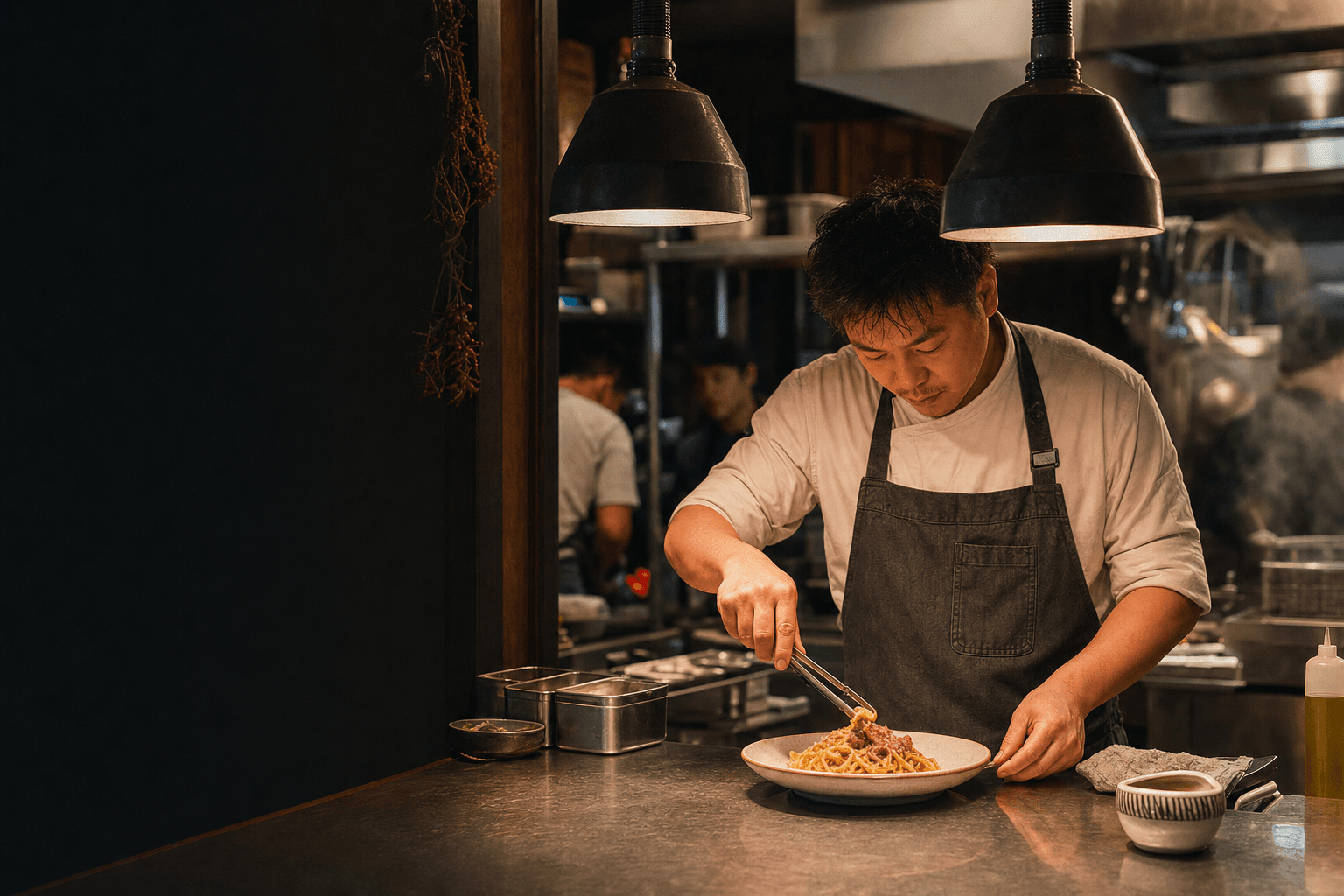 Đầu bếp PaPis hoàn thiện món ăn trong căn bếp mở.